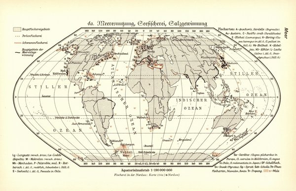 Meeresströmungen, Meeresvereisung, Oberflächentemperatur.  Alte Landkarte von 1932.