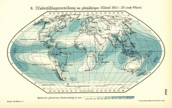 Niederschlagsverteilung im zehnjährigen Mittel 1911-20.  Alte Landkarte von 1932.