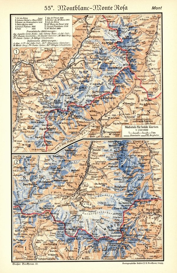 Montblanc, Monte Rosa.  Alte Landkarte von 1932.