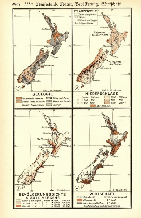 Neuseeland.  Alte Landkarte von 1932.