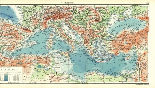 Mittelmeer.  Alte Landkarte von 1932.