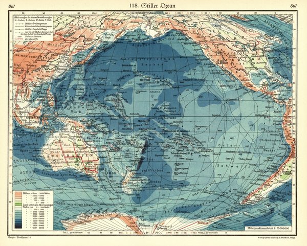 Stiller Ozean.  Alte Landkarte von 1934.
