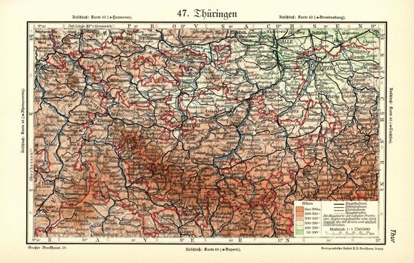 Thüringen und Thüringer Wald.  Alte Landkarte von 1934.