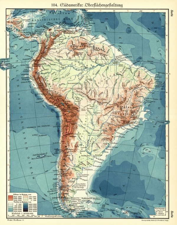 Südamerika, Oberflächengestaltung.  Alte Landkarte von 1934.