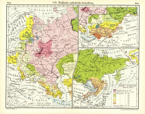Russland, geschichtliche Entwicklung.  Alte Landkarte von 1933.