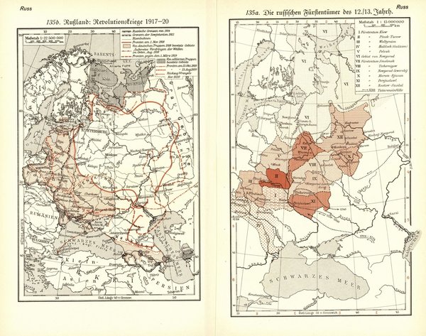 Russland, geschichtliche Entwicklung.  Alte Landkarte von 1933.