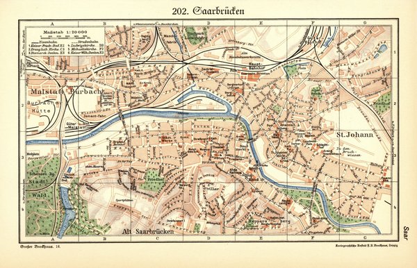 Saarbrücken.  Alte Landkarte von 1933.