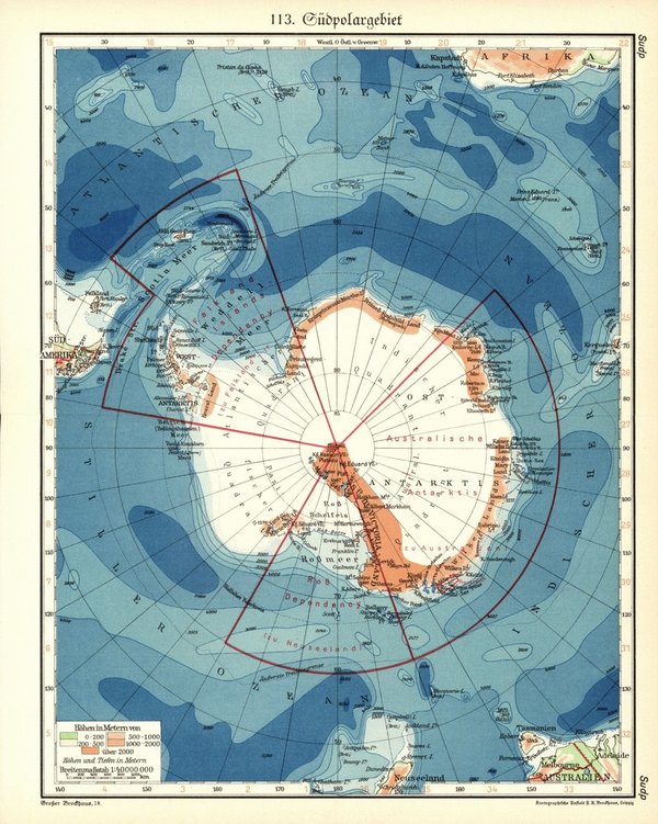 Südpolargebiet.  Alte Landkarte von 1934.