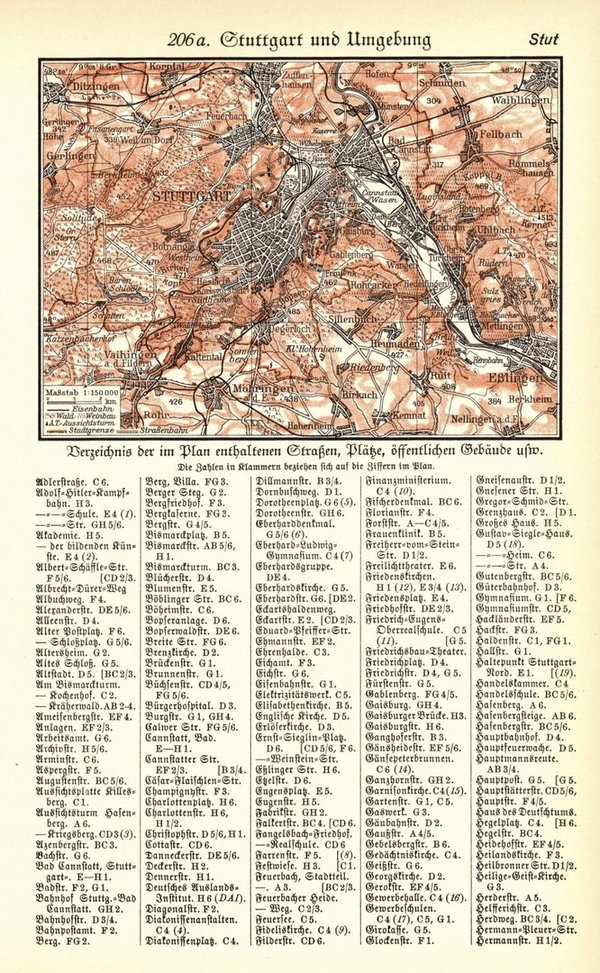 Stuttgart.  Alte Landkarte von 1934.