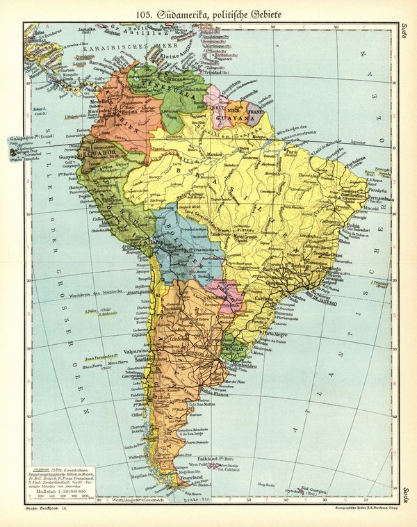 Südamerika, politische Gebiete.  Alte Landkarte von 1934.