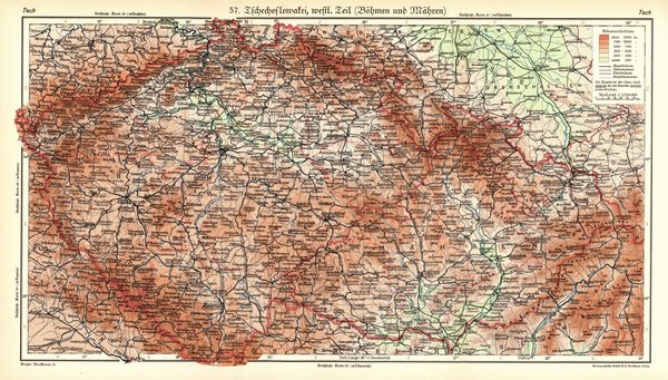 Tschechoslowakei, westlicher Teil, Böhmen und Mähren.  Alte Landkarte von 1934.