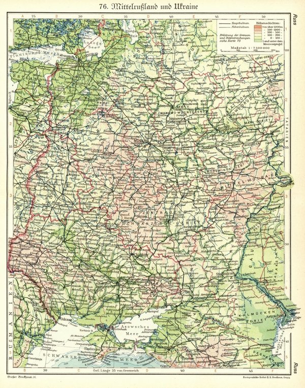 Mittelrußland und Ukraine.  Alte Landkarte von 1933.