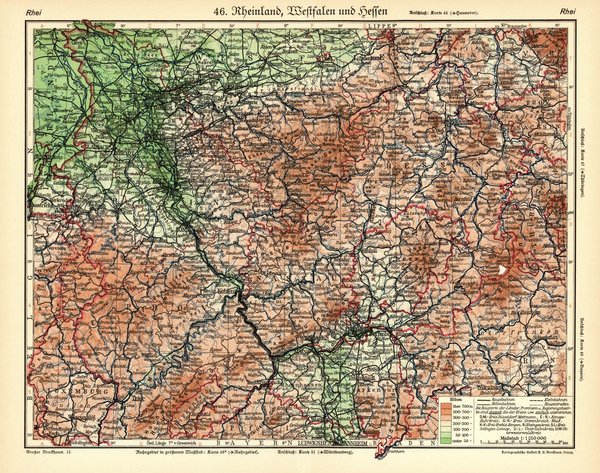 Rheinland, Westfalen und Hessen.  Alte Landkarte von 1933.