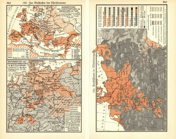 Verbreitung der Religionen.  Alte Landkarte von 1933.