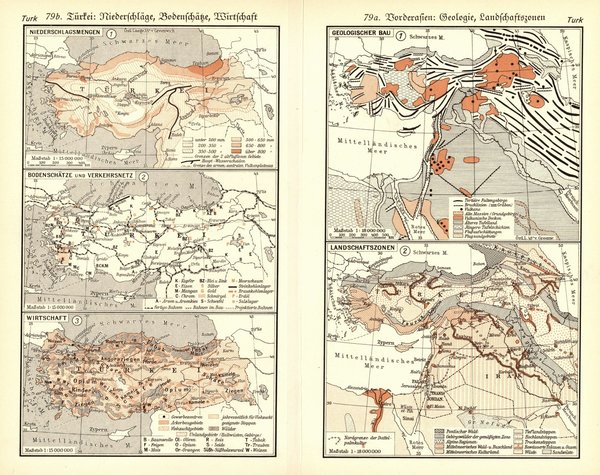 Kleinasien, Syrien und Mesopotamien.  Alte Landkarte von 1934.