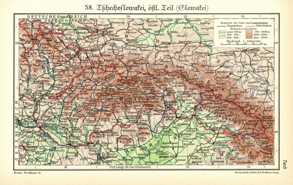 Tschechoslowakei, östlicher Teil Slowakei.  Alte Landkarte von 1934.