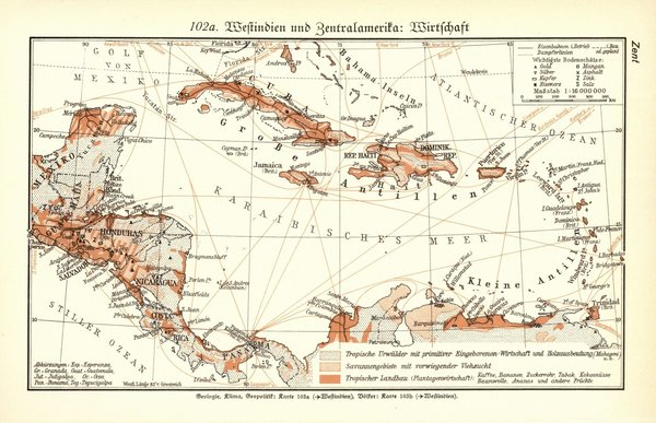 Zentralamerika.  Alte Landkarte von 1935.