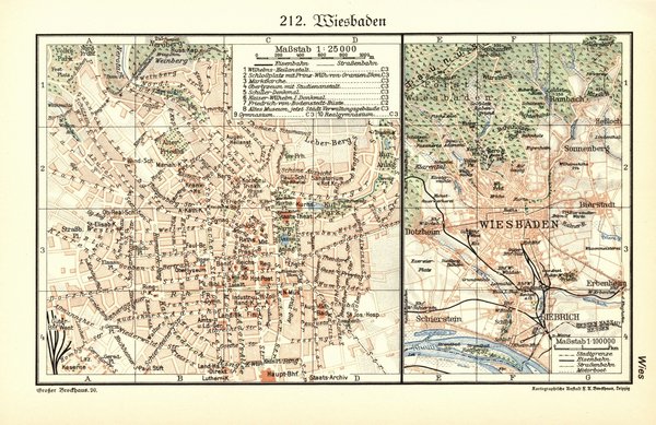 Wiesbaden.  Alte Landkarte / Stadtplan von 1935.