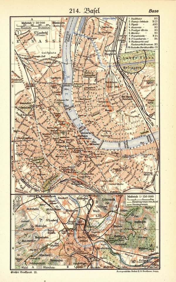 Basel.  Alte Landkarte / Stadtplan von 1935.