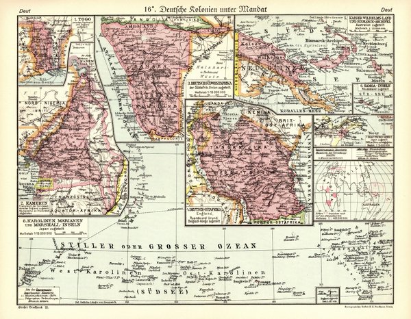 Deutsche Kolonien unter Mandat.  Alte Landkarte von 1935.
