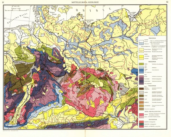 Mitteleuropa, Geologie.  Alte Landkarte von 1960.
