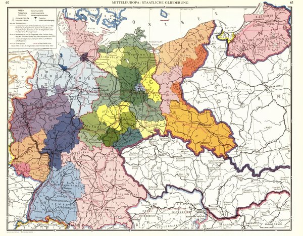 Mitteleuropa, Staatliche Gliederung.  Alte Landkarte von 1960.