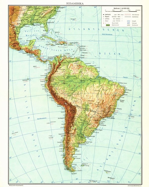 Südamerika.  Alte Landkarte von 1960.