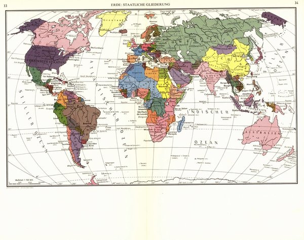 Erde, Staatlche Gliederung.  Alte Landkarte von 1960.
