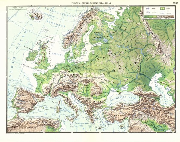 Europa, Oberflächengestaltung.  Alte Landkarte von 1960.