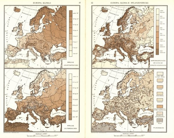 Europa, Oberflächengestaltung.  Alte Landkarte von 1960.