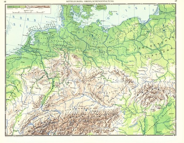 Mitteleuropa, Oberflächengestaltung.  Alte Landkarte von 1960.