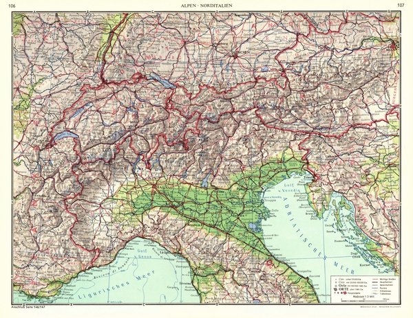 Alpen, Norditalien.  Alte Landkarte von 1960.