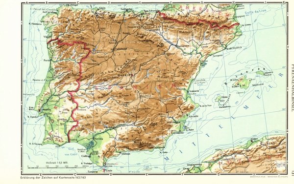 Pyrenäenhalbinsel.  Alte Landkarte von 1960.