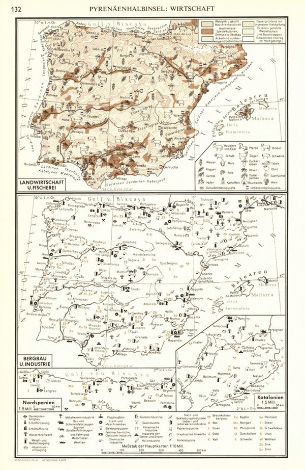 Pyrenäenhalbinsel.  Alte Landkarte von 1960.