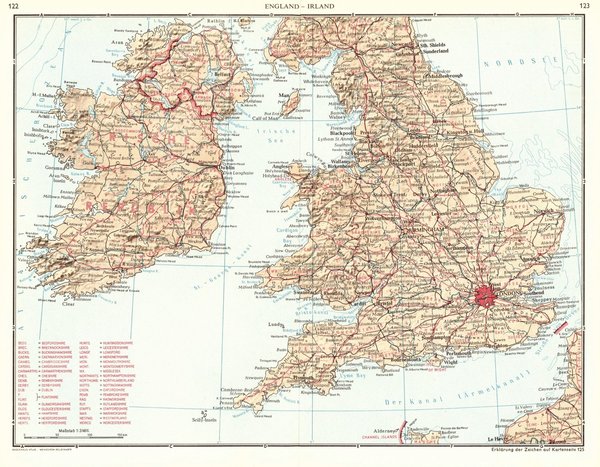 England, Irland.  Alte Landkarte von 1960.
