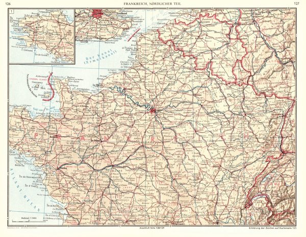 Frankreich, nördlicher Teil.  Alte Landkarte von 1960.