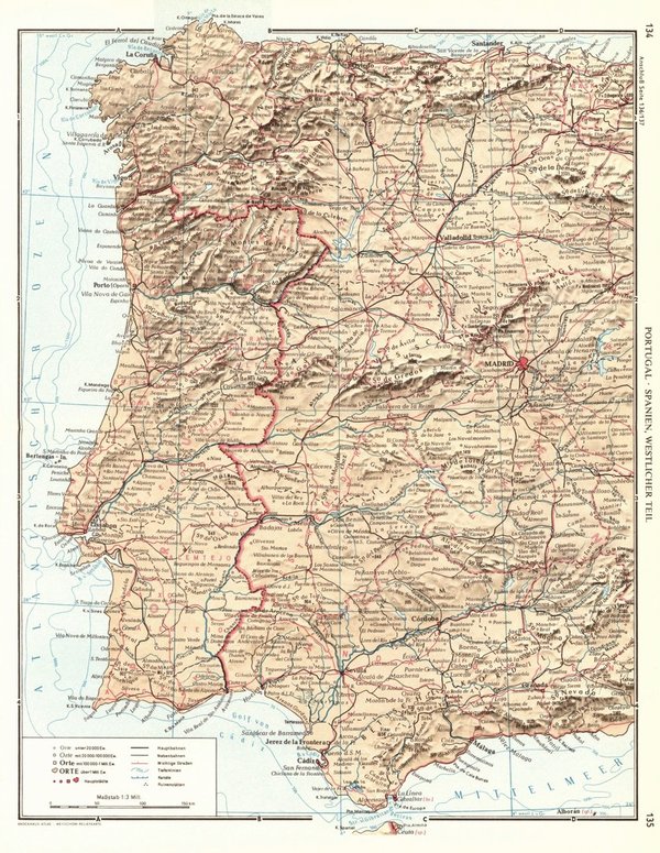 Portugal, Spanien, westlicher Teil.  Alte Landkarte von 1960.