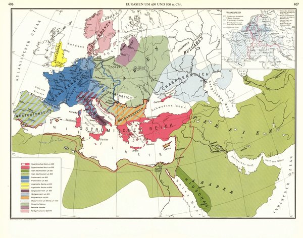 Eurasien um 600 und 800 n. Chr..  Alte Landkarte von 1960.