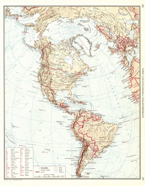Nord- und Südamerika, Gesamtüberblick.  Alte Landkarte von 1960.