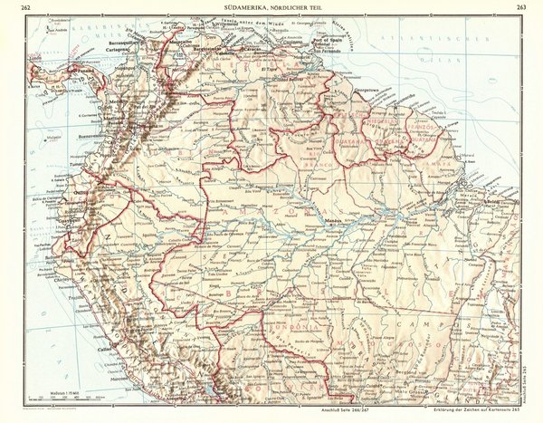 Südamerika, nördlicher Teil, Ländergrenzen.  Alte Landkarte von 1960.