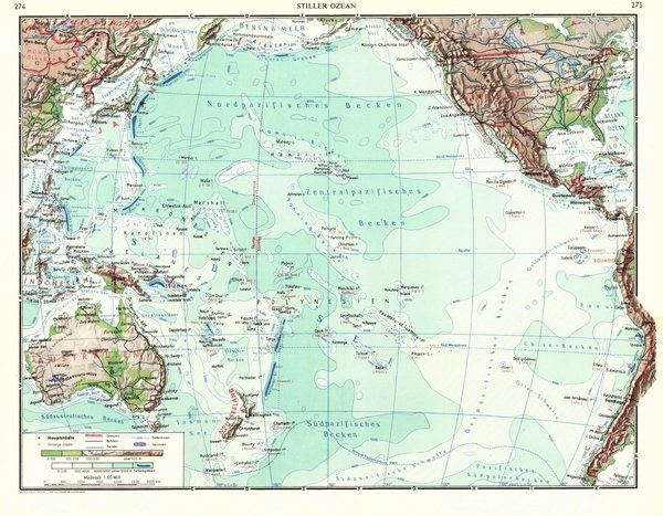 Stiller Ozean.  Alte Landkarte von 1960.