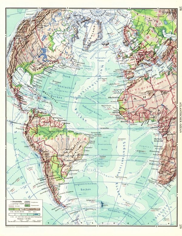 Atlantischer Ozean.  Alte Landkarte von 1960.