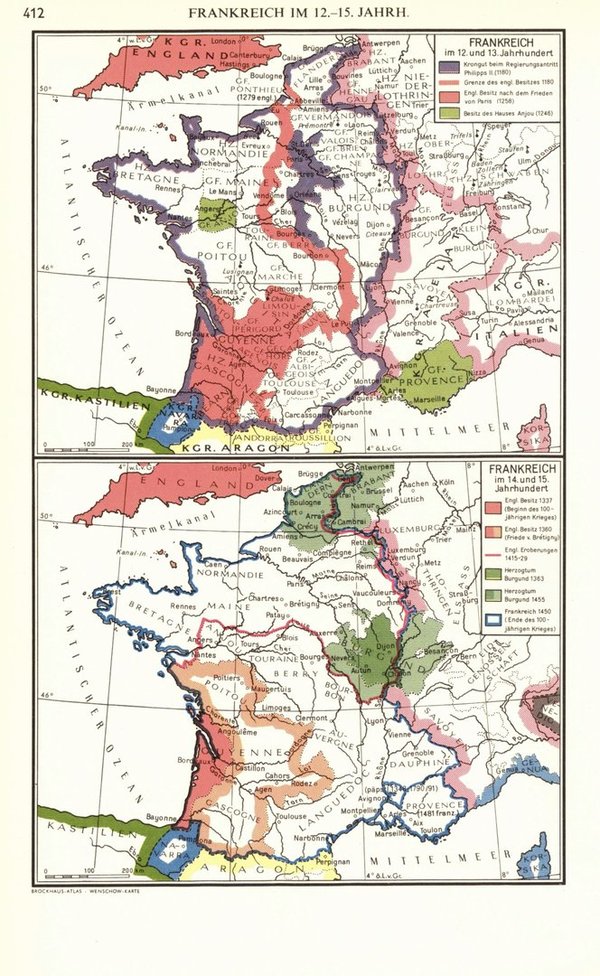 Frankreich im 12. - 15. Jahrhundert.  Alte Landkarte von 1960.