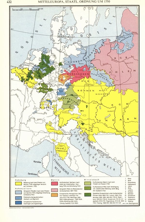 Mitteleuropa, Staatliche Ordnung um 1750.  Alte Landkarte von 1960.