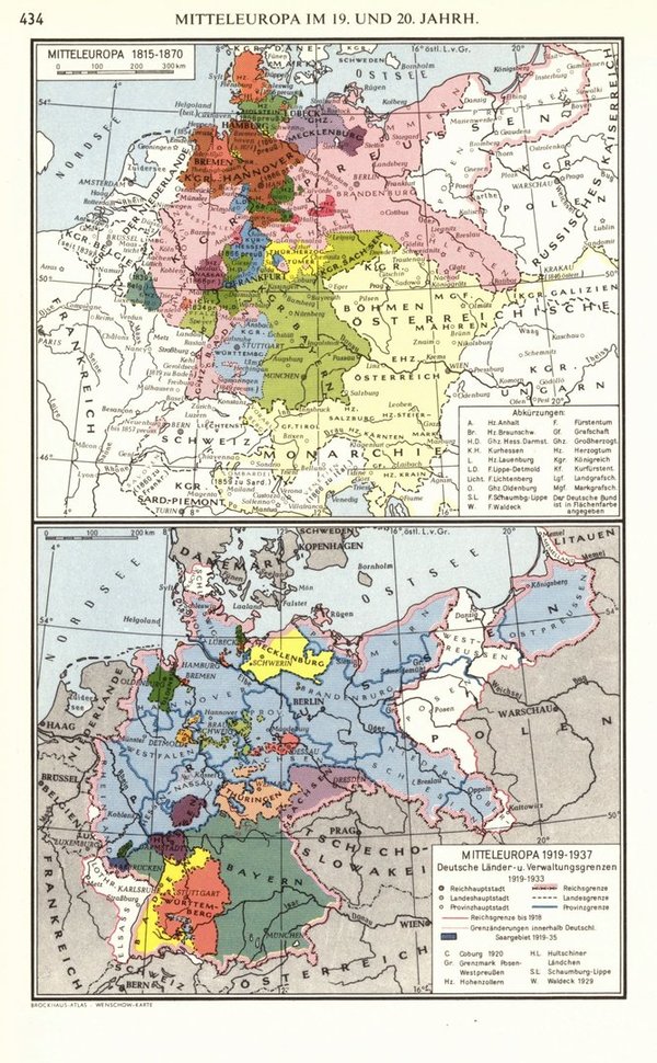 Mitteleuropa im 19. und 20. Jhd.  Alte Landkarte von 1960.
