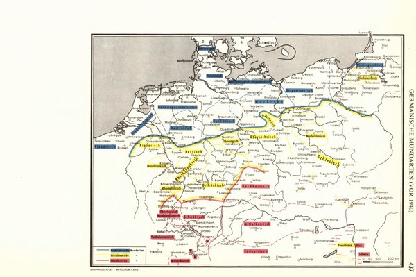 Germanische Mundarten vor 1940.  Alte Landkarte von 1960.