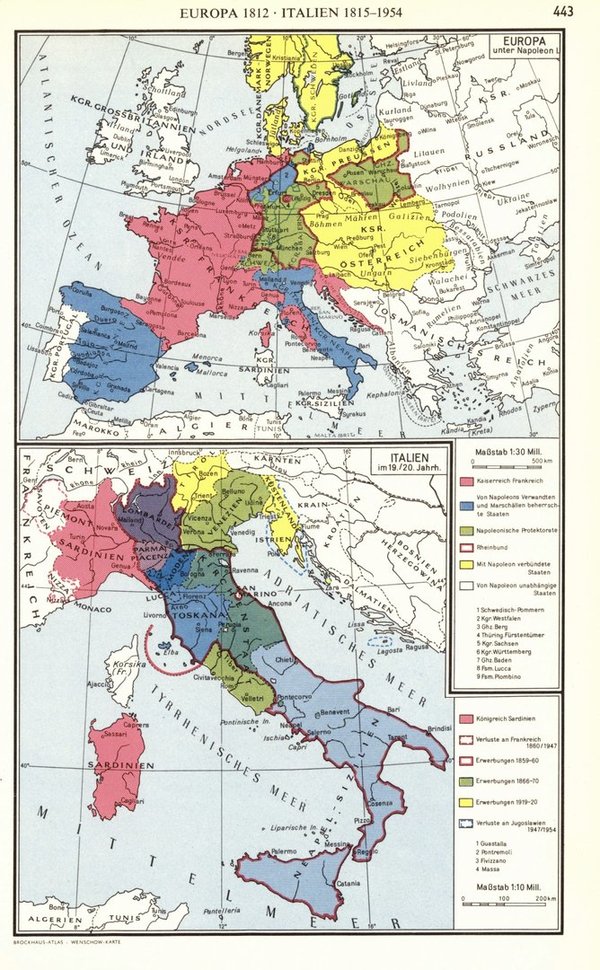 Europa 1812 und Italien 1815-1954.  Alte Landkarte von 1960.