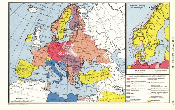 Der Zweite Weltkrieg.  Alte Landkarte von 1960.