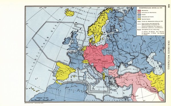 Der Erste Weltkrieg.  Alte Landkarte von 1960.