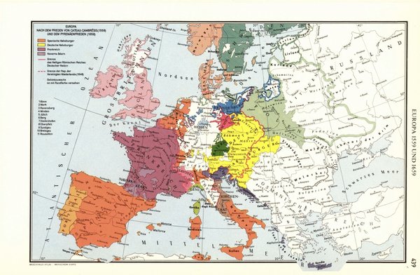 Europa 1559 und 1659.  Alte Landkarte von 1960.